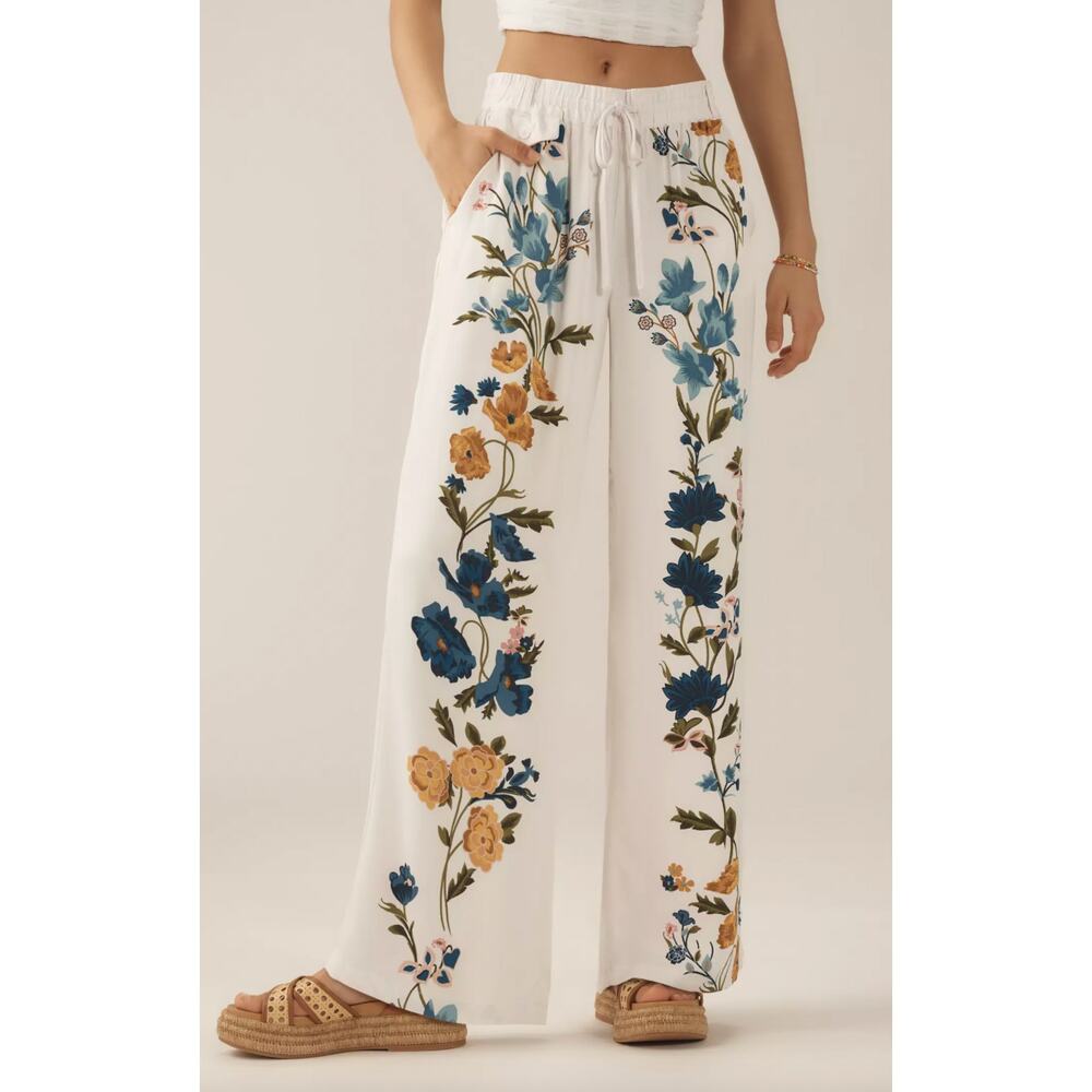 Anthropologie Floral Print Pull-On Wide Leg Drawstring Pants Size XS NWT - Picture 2 of 15